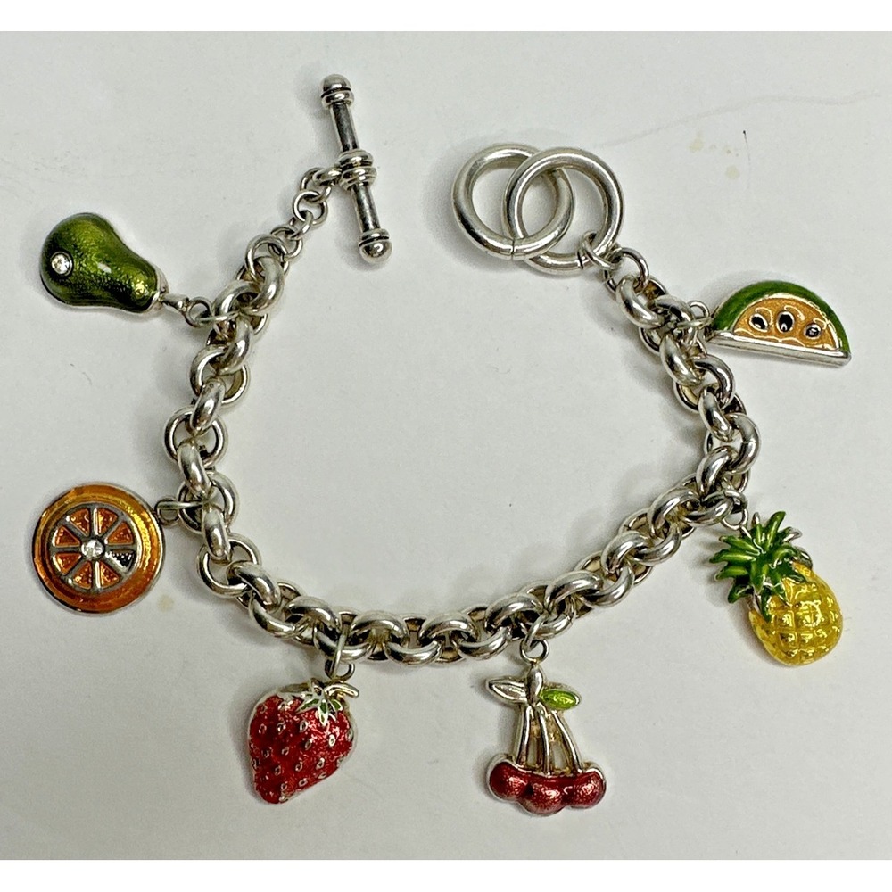 Best Brand Charm Bracelet Fruit Dangle Silver Plated Toggle 8" Links Multicolor